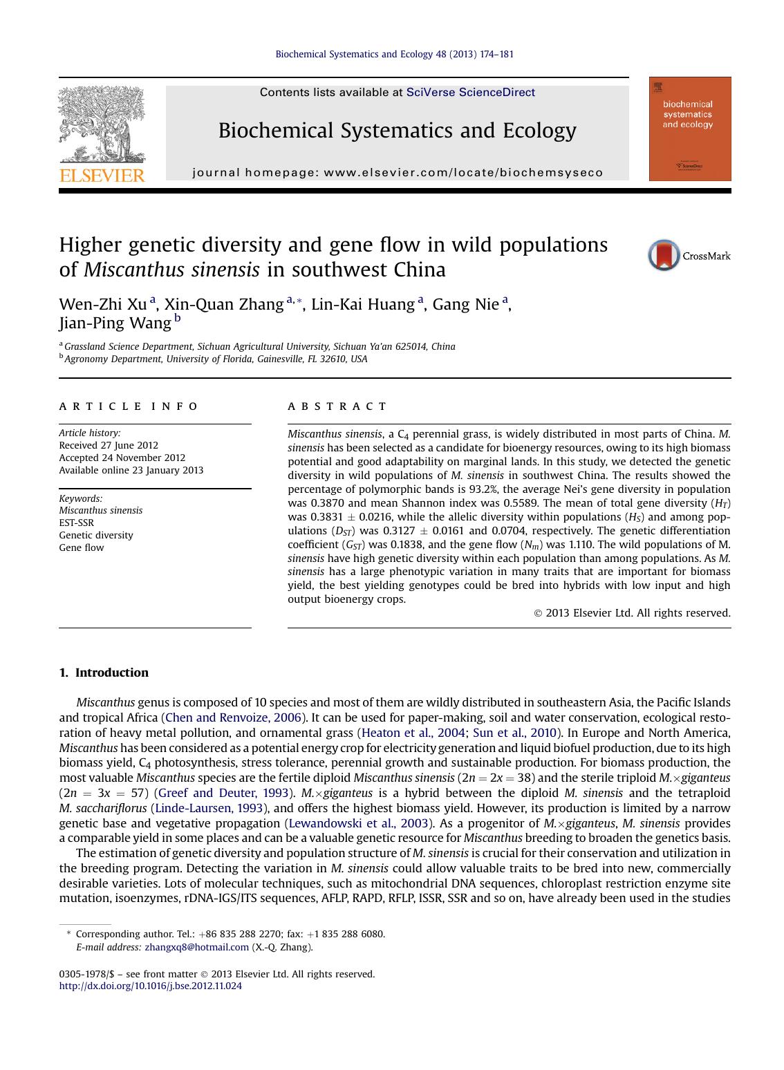 Higher genetic diversity and gene flow in wild populations of Miscanthus sinensis in southwest China by Wen-Zhi Xu & Xin-Quan Zhang & Lin-Kai Huang & Gang Nie & Jian-Ping Wang