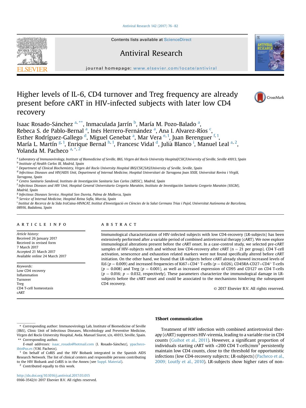 Higher levels of IL-6, CD4 turnover and Treg frequency are already present before cART in HIV-infected subjects with later low CD4 recovery by unknow