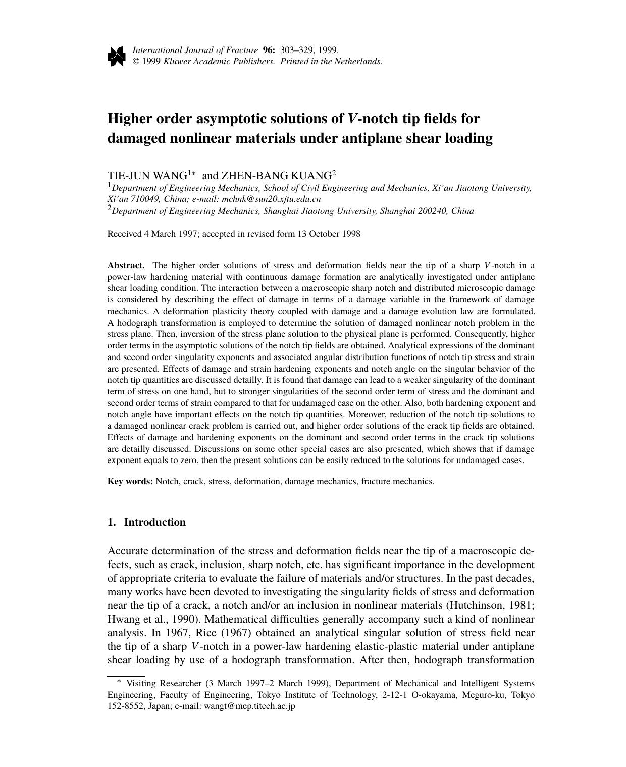 Higher order asymptotic solutions of V-notch tip fields for damaged nonlinear materials under antiplane shear loading by Unknown