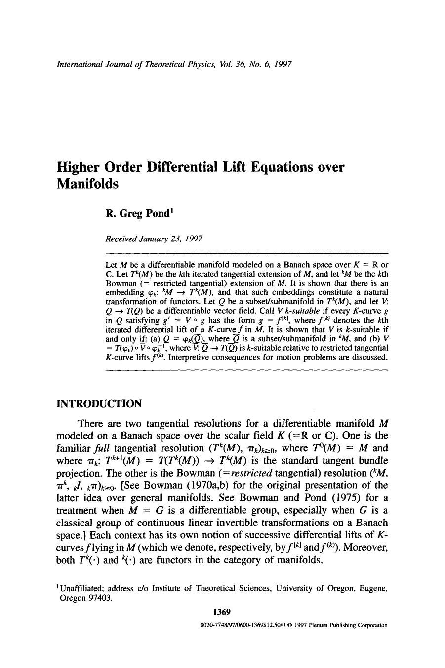 Higher order differential lift equations over manifolds by Unknown