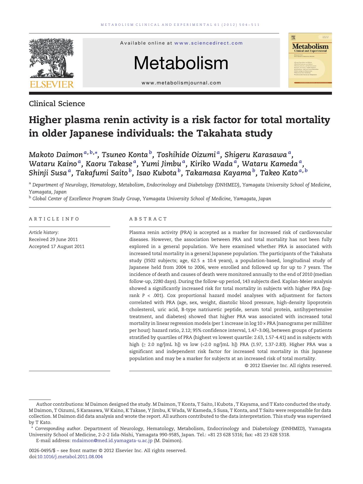 Higher plasma renin activity is a risk factor for total mortality in older Japanese individuals: the Takahata study by Makoto Daimon