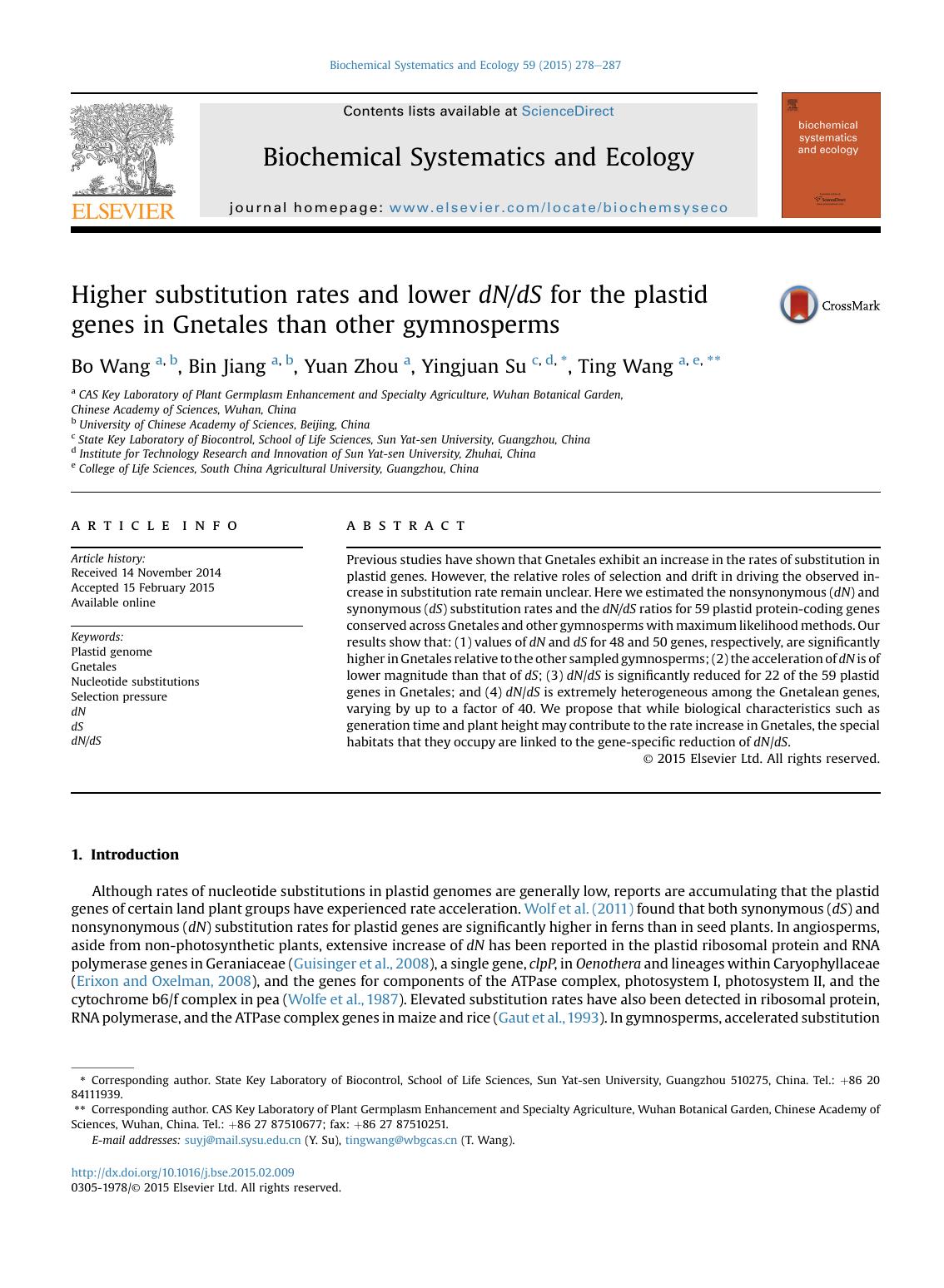 Higher substitution rates and lower dNdS for the plastid genes in Gnetales than other gymnosperms by Bo Wang & Bin Jiang & Yuan Zhou & Yingjuan Su & Ting Wang