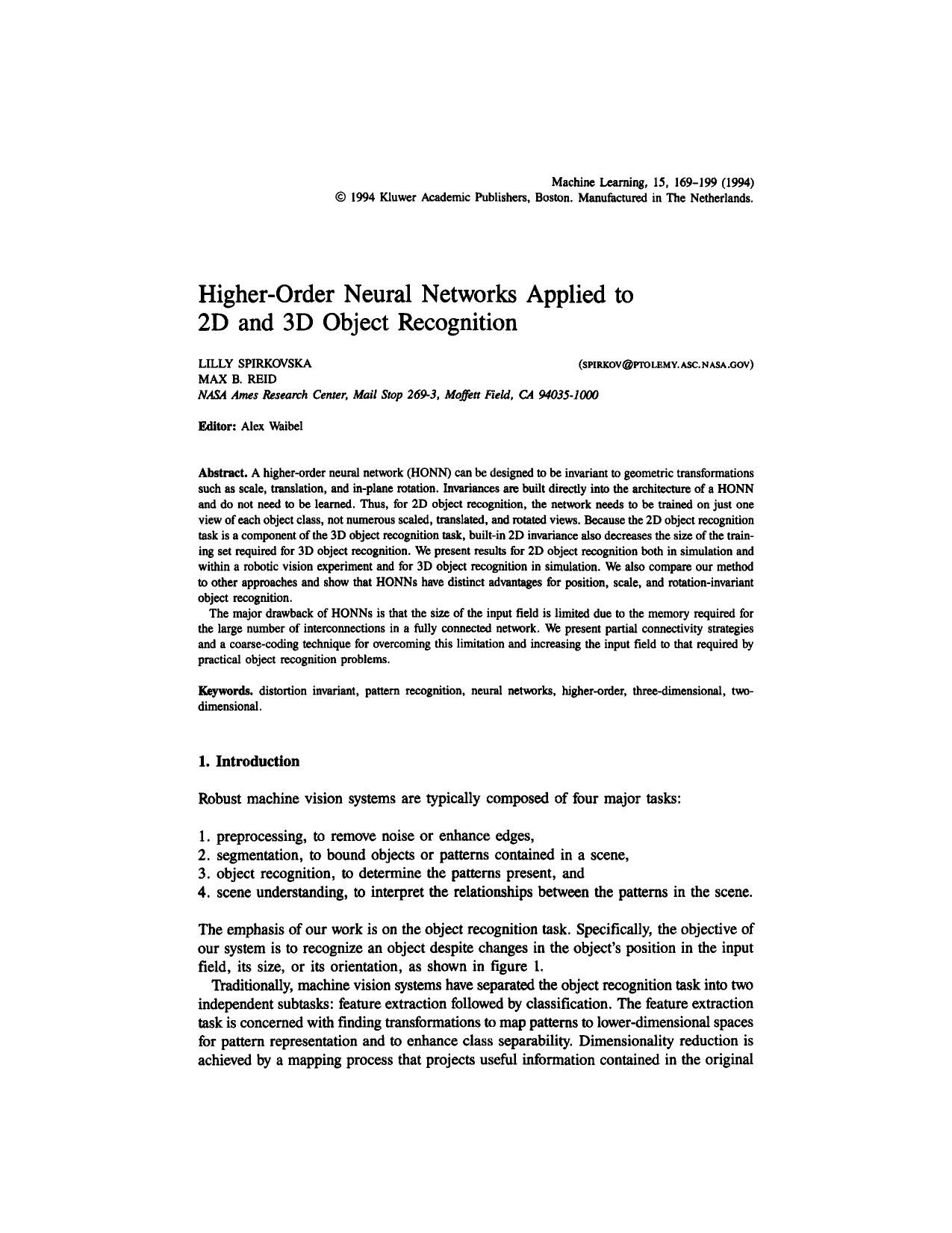 Higher-Order Neural Networks Applied to 2D and 3D Object Recognition by Higher-Order Neural Networks Applied to 2D & 3D Object Recognition