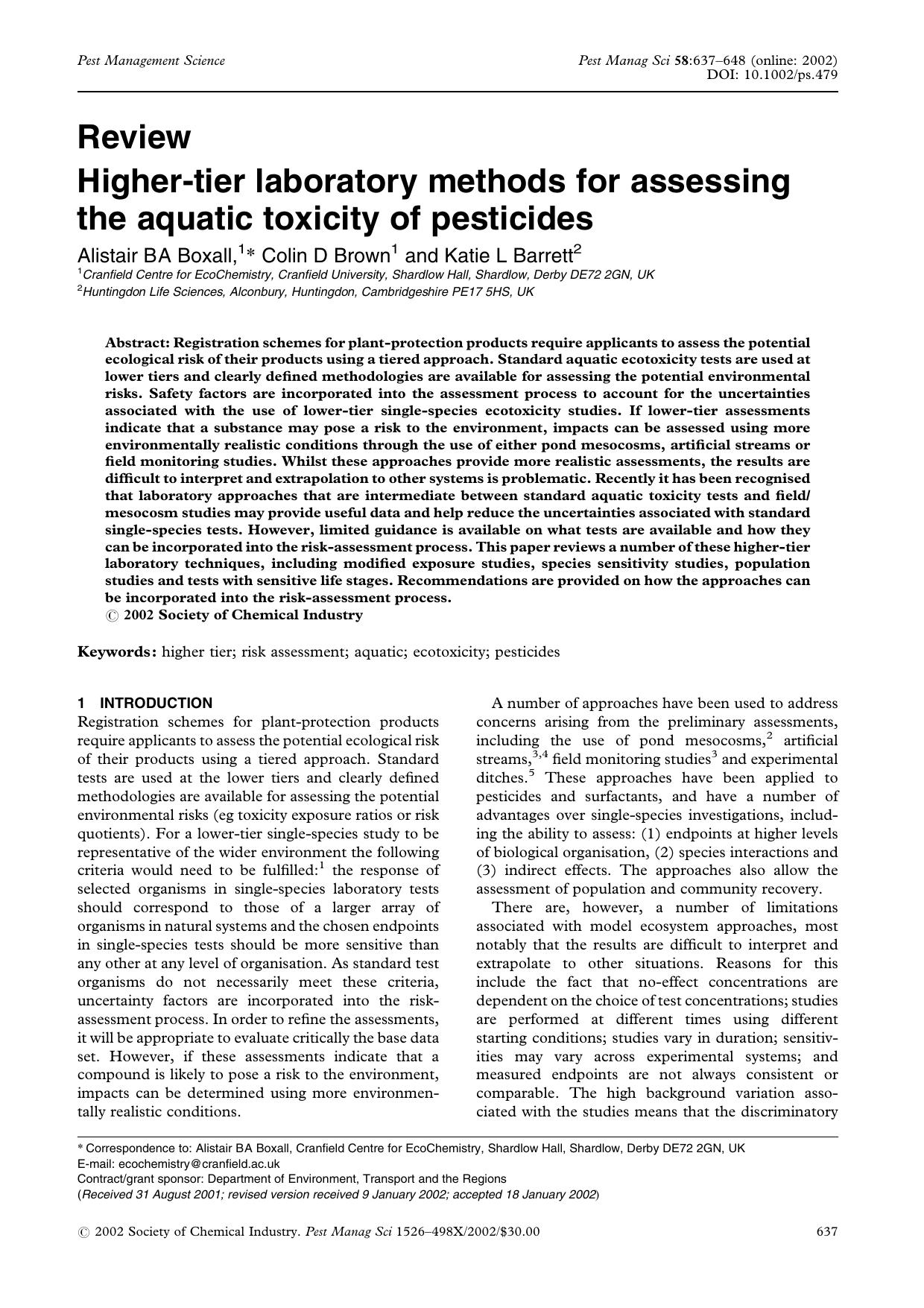 Higher-tier laboratory methods for assessing the aquatic toxicity of pesticides by Unknown