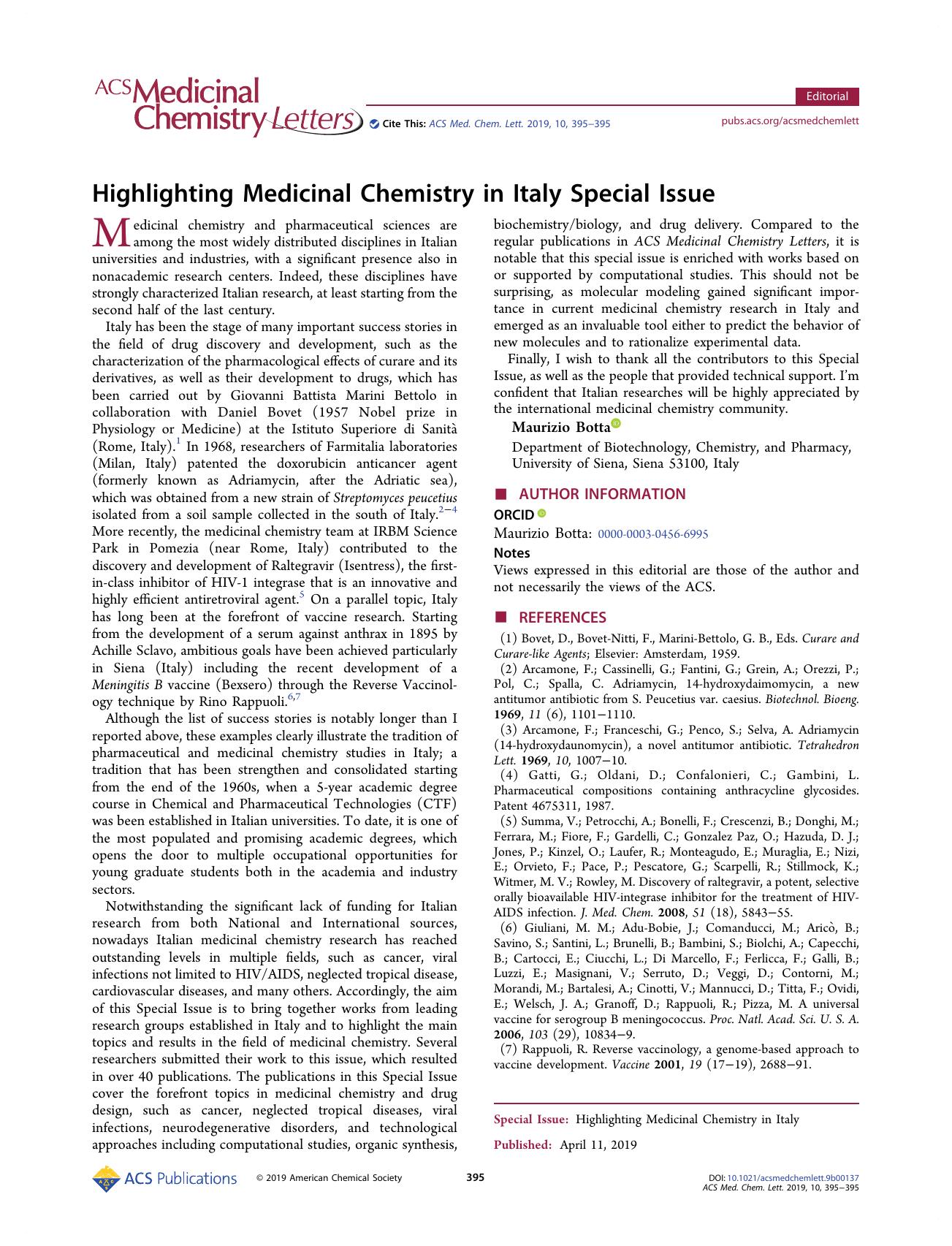 Highlighting Medicinal Chemistry in Italy Special Issue by Maurizio Botta