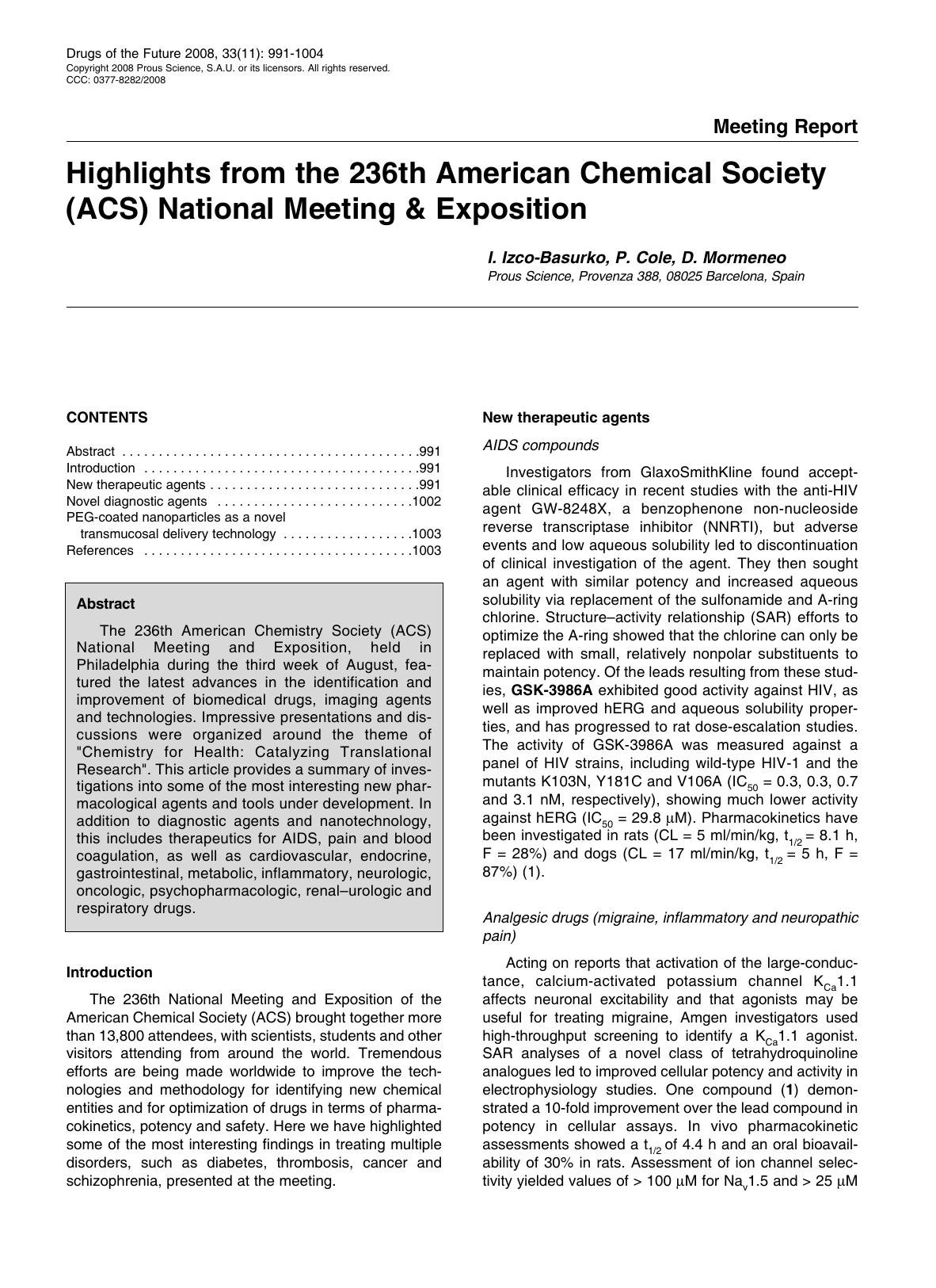 Highlights from the 236th American Chemical Society (ACS) National Meeting & Exposition by Copyright 2008 Prous Science S.A.U. or its licensors