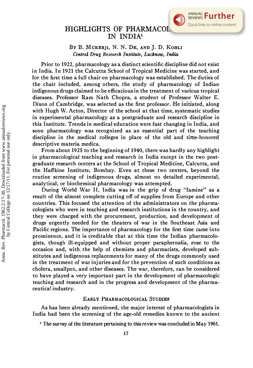 Highlights of Pharmacology in India by B Mukerji N N De & J D Kohli