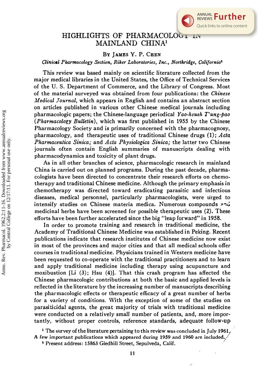 Highlights of Pharmacology in Mainland China by J Y P Chen