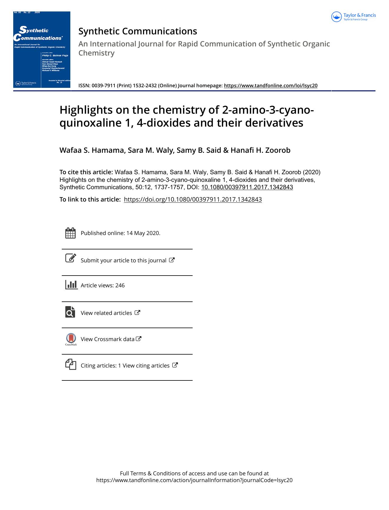 Highlights on the chemistry of 2-amino-3-cyano-quinoxaline 1, 4-dioxides and their derivatives by Hamama Wafaa S. & Waly Sara M. & Said Samy B. & Zoorob Hanafi H