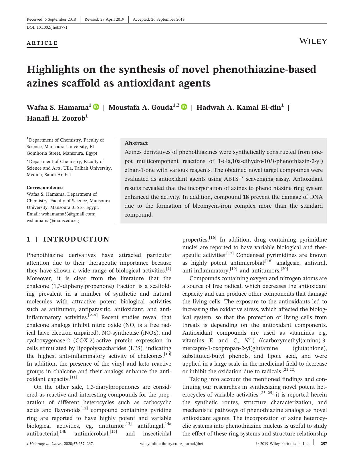 Highlights on the synthesis of novel phenothiazineâbased azines scaffold as antioxidant agents by Wafaa S. Hamama Moustafa A. Gouda Hadwah A. Kamal El‐din Hanafi H. Zoorob