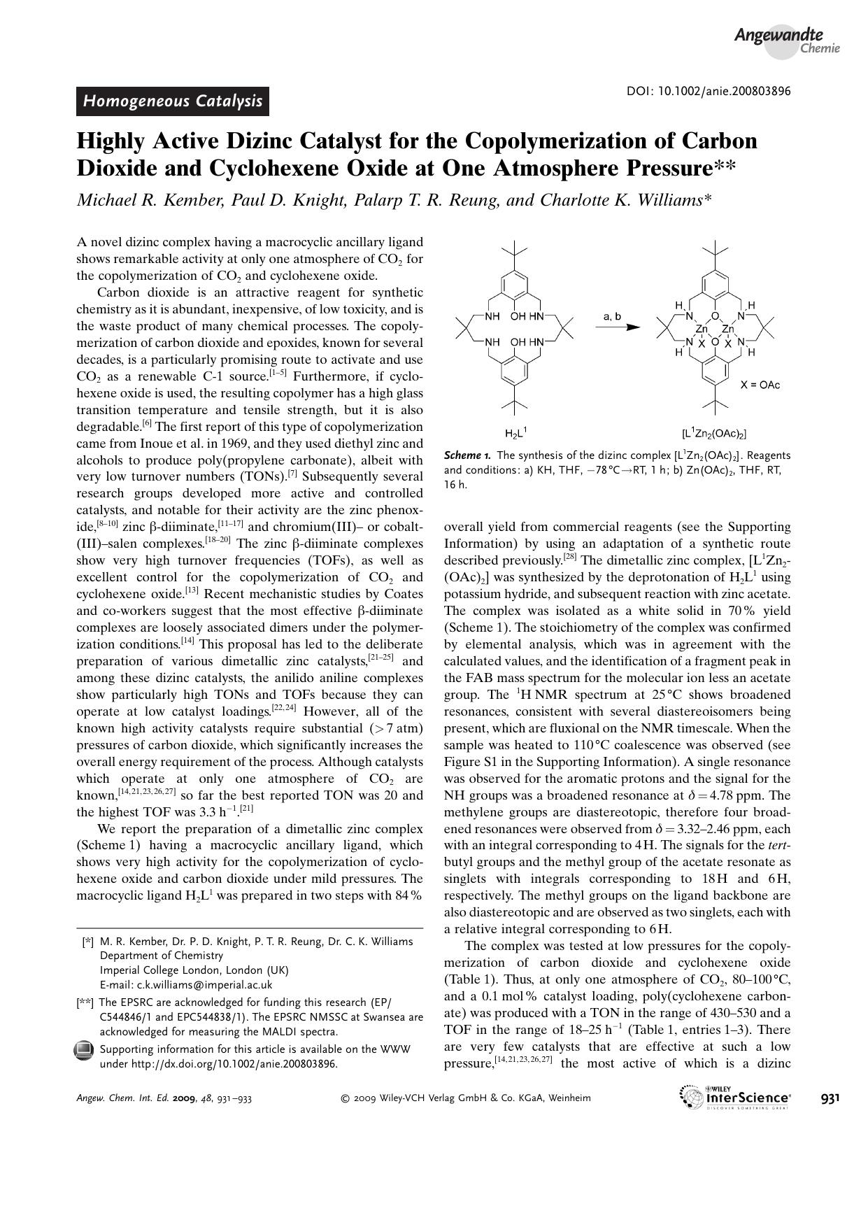 Highly Active Dizinc Catalyst for the Copolymerization of Carbon Dioxide and Cyclohexene Oxide at One Atmosphere Pressure by Unknown