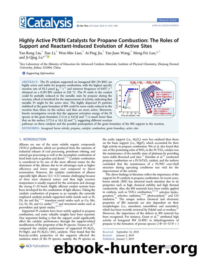 Highly Active PtBN Catalysts for Propane Combustion: The Roles of Support and Reactant-Induced Evolution of Active Sites by Yan-Rong Liu Xue Li Wen-Min Liao Ai-Ping Jia Yue-Juan Wang Meng-Fei Luo and Ji-Qing Lu