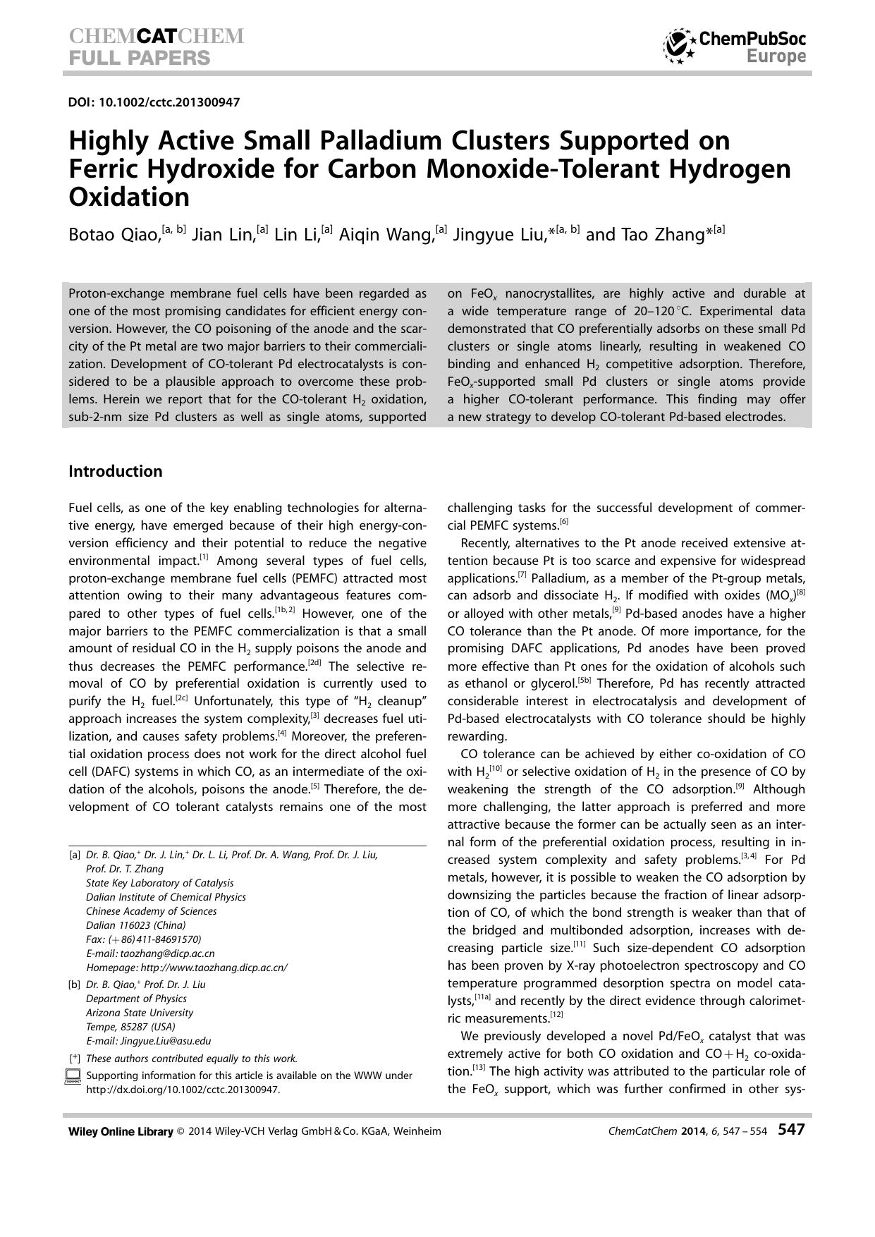 Highly Active Small Palladium Clusters Supported on Ferric Hydroxide for Carbon MonoxideTolerant Hydrogen Oxidation by Unknown