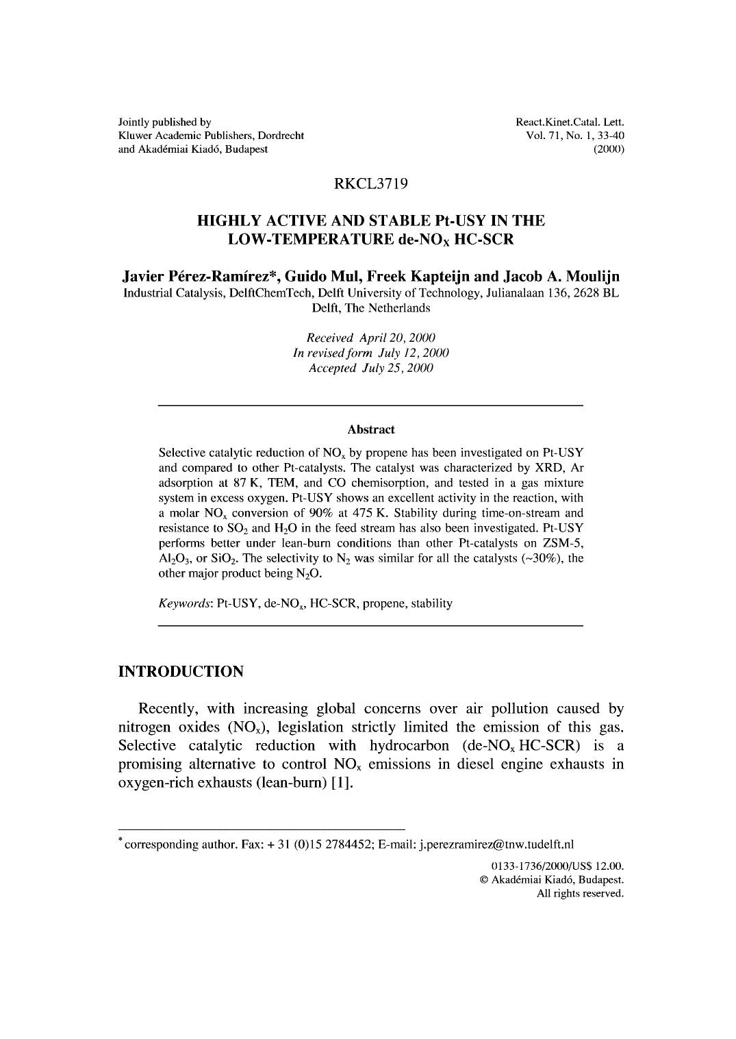 Highly Active and Stable Pt-USY in the Low-Temperature de-NOx HC-SCR by Unknown