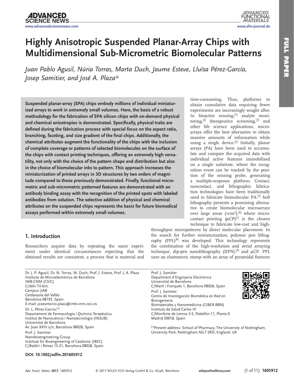Highly Anisotropic Suspended Planar‐Array Chips with Multidimensional Sub‐Micrometric Biomolecular Patterns by Unknown