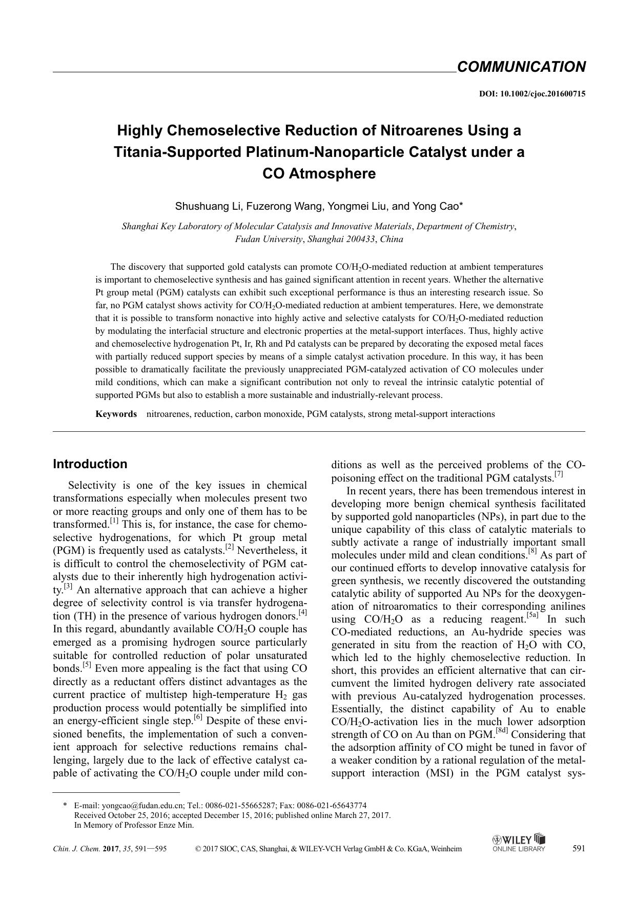 Highly Chemoselective Reduction of Nitroarenes Using a Titania-Supported Platinum-Nanoparticle Catalyst under a CO Atmosphere: by Administrator