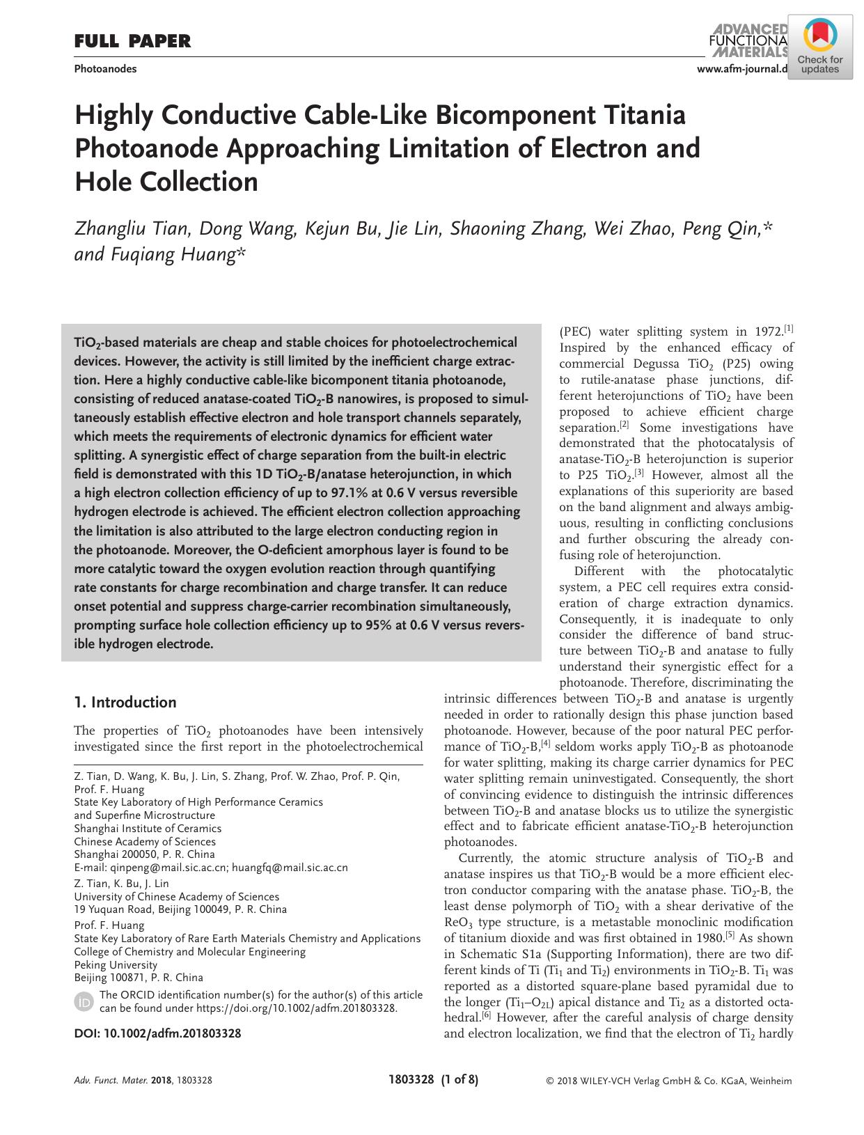 Highly Conductive CableâLike Bicomponent Titania Photoanode Approaching Limitation of Electron and Hole Collection by Unknown