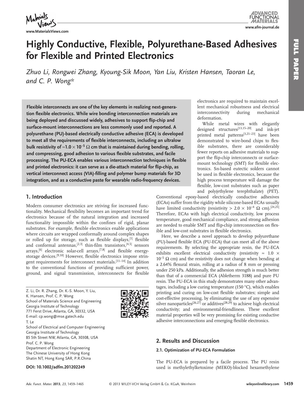 Highly Conductive, Flexible, PolyurethaneBased Adhesives for Flexible and Printed Electronics by wbpm