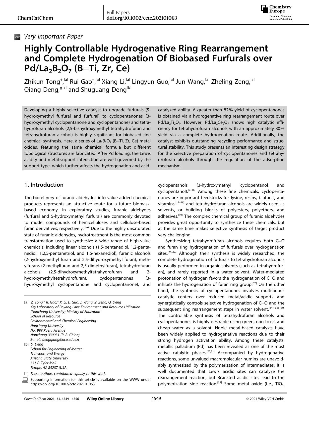 Highly Controllable Hydrogenative Ring Rearrangement and Complete Hydrogenation Of Biobased Furfurals over PdLa2B2O7 (B=Ti, Zr, Ce) by Unknown