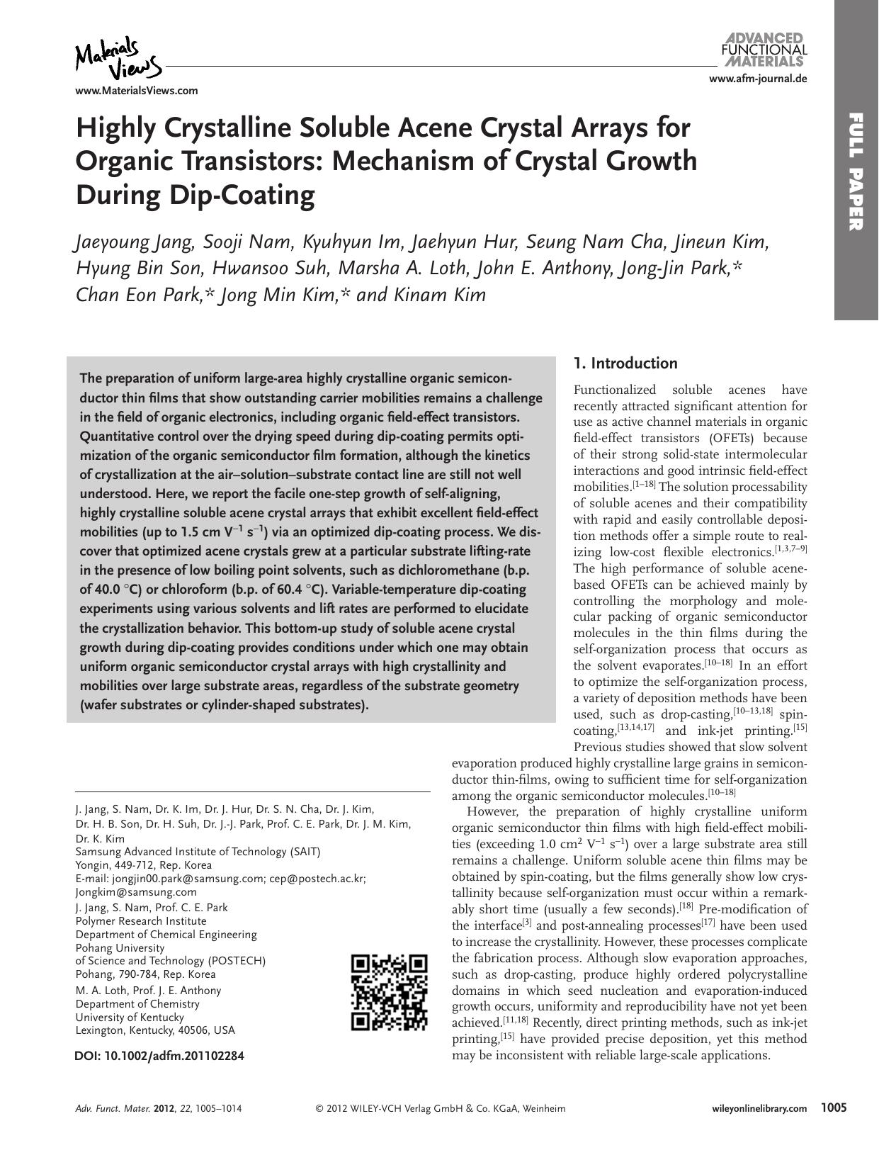 Highly Crystalline Soluble Acene Crystal Arrays for Organic Transistors: Mechanism of Crystal Growth During DipCoating by Unknown