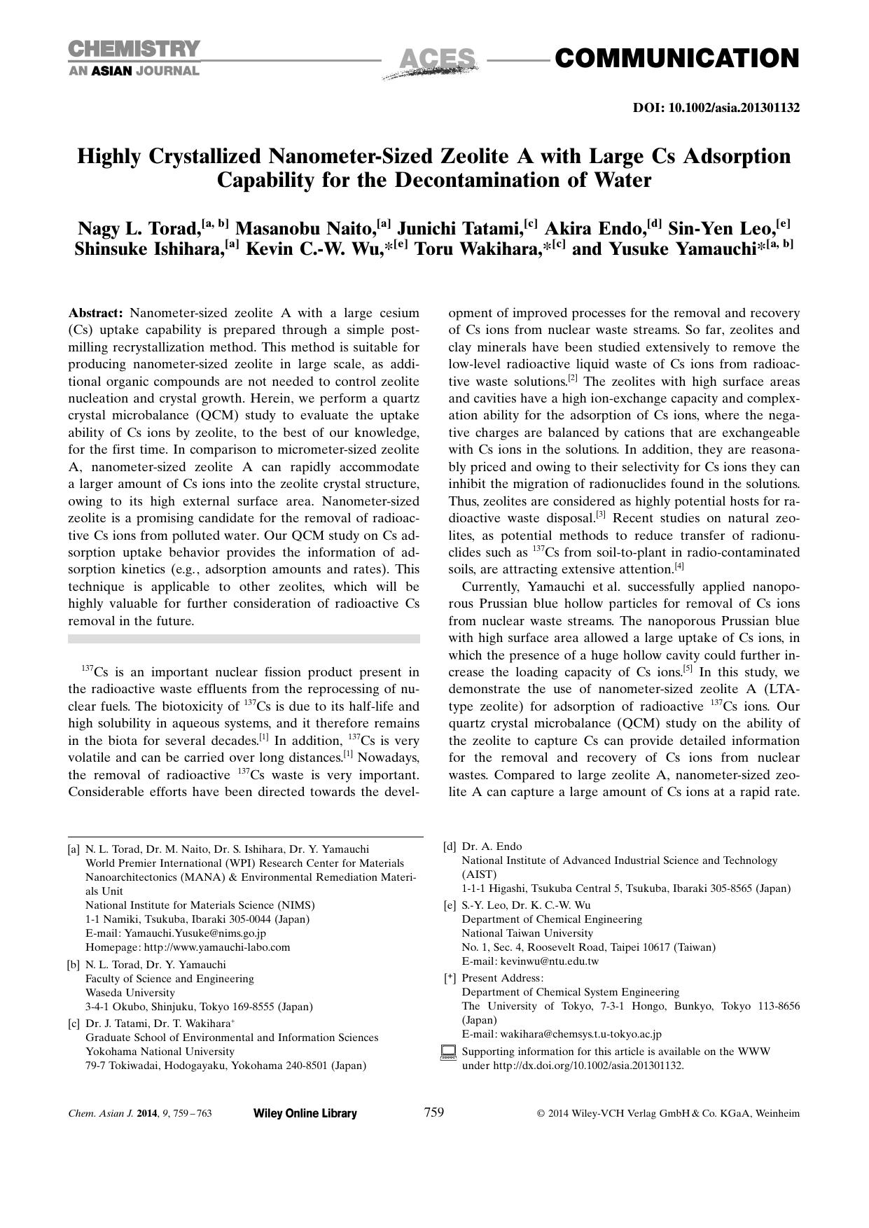 Highly Crystallized NanometerSized Zeolite A with Large Cs Adsorption Capability for the Decontamination of Water by Unknown