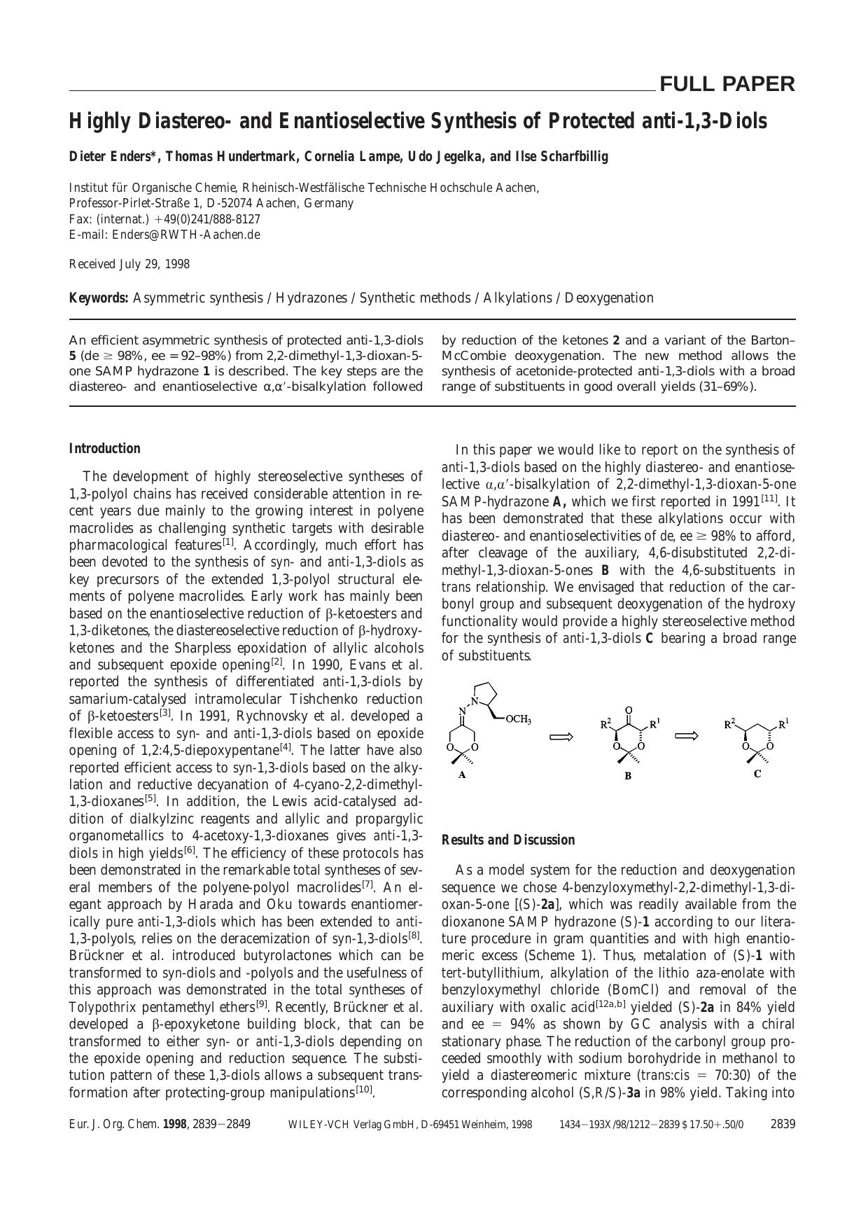 Highly Diastereo- and Enantioselective Synthesis of Protected anti-1,3-Diols by Unknown