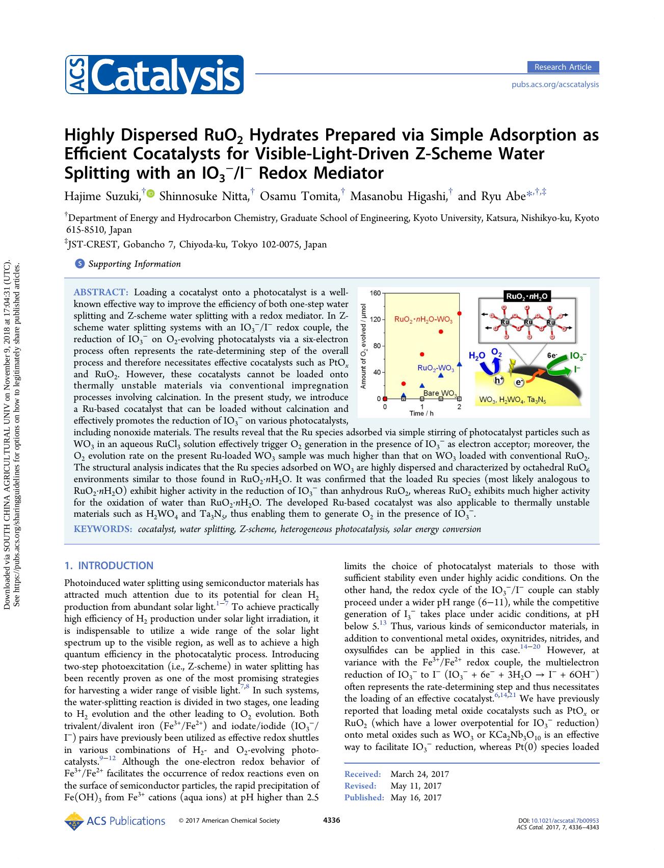 Highly Dispersed RuO2 Hydrates Prepared via Simple Adsorption as Efficient Cocatalysts for Visible-Light-Driven Z-Scheme Water Splitting with an IO3âIâ Redox Mediator by Hajime Suzuki Shinnosuke Nitta Osamu Tomita Masanobu Higashi & Ryu Abe