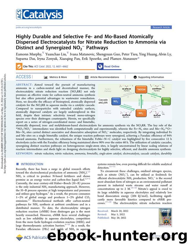 Highly Durable and Selective Fe- and Mo-Based Atomically Dispersed Electrocatalysts for Nitrate Reduction to Ammonia via Distinct and Synergized NO2â Pathways by unknow