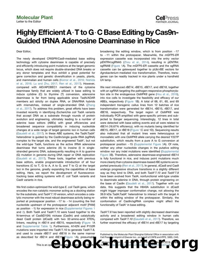 Highly Efficient A&middot;T to G&middot;C Base Editing by Cas9n-Guided tRNA Adenosine Deaminase in Rice by unknow
