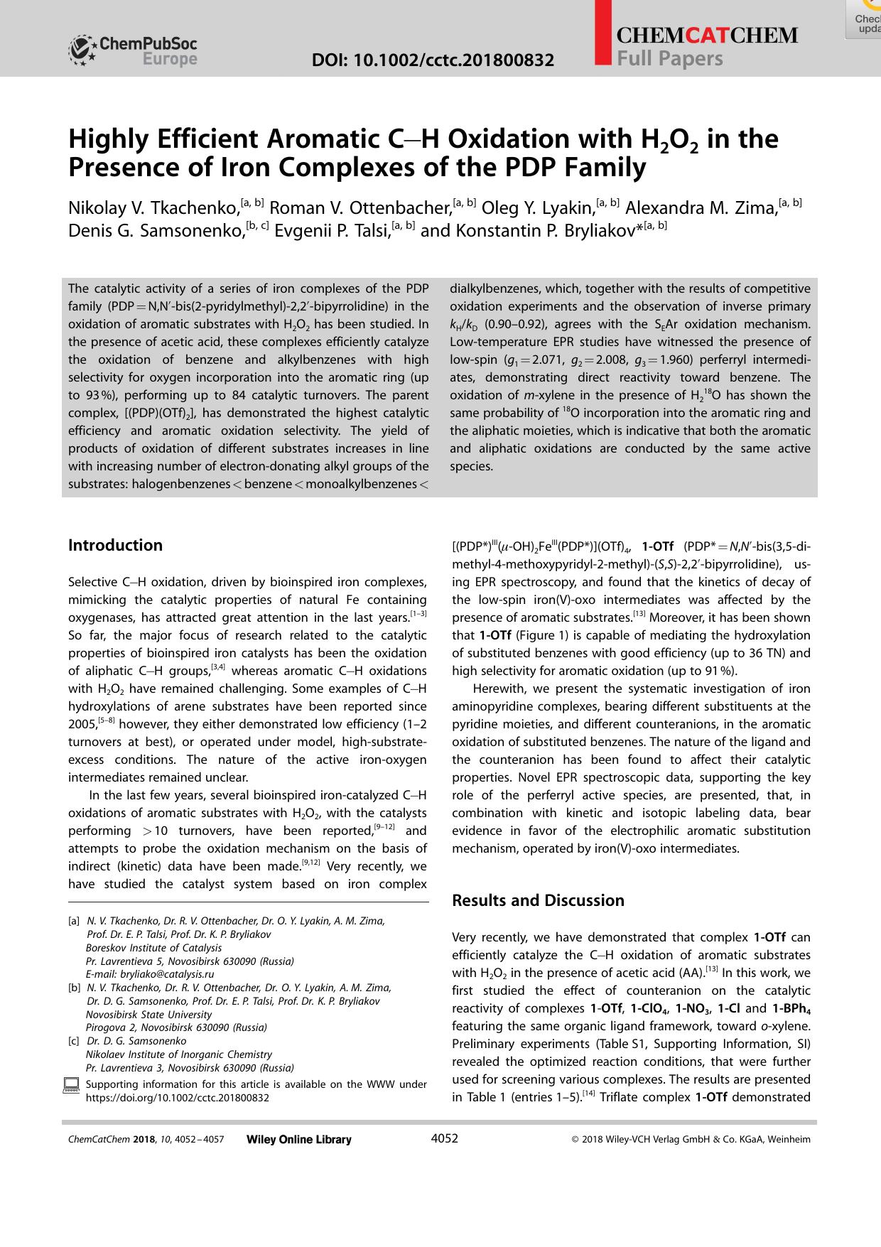 Highly Efficient Aromatic CâH Oxidation with H2O2 in the Presence of Iron Complexes of the PDP Family by Unknown