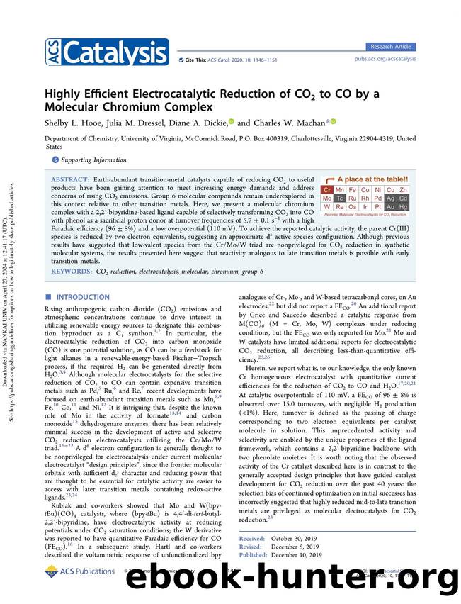 Highly Efficient Electrocatalytic Reduction of CO2 to CO by a Molecular Chromium Complex by Shelby L. Hooe Julia M. Dressel Diane A. Dickie & Charles W. Machan
