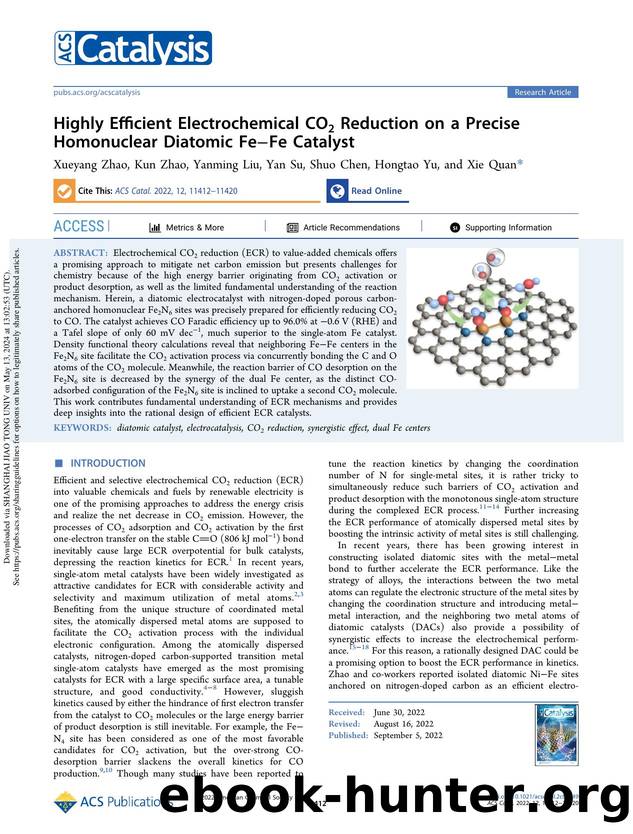 Highly Efficient Electrochemical CO2 Reduction on a Precise Homonuclear Diatomic FeâFe Catalyst by Xueyang Zhao Kun Zhao Yanming Liu Yan Su Shuo Chen Hongtao Yu & Xie Quan