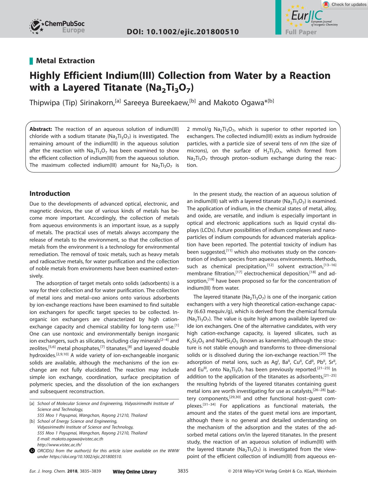 Highly Efficient Indium(III) Collection from Water by a Reaction with a Layered Titanate (Na2Ti3O7) by Unknown