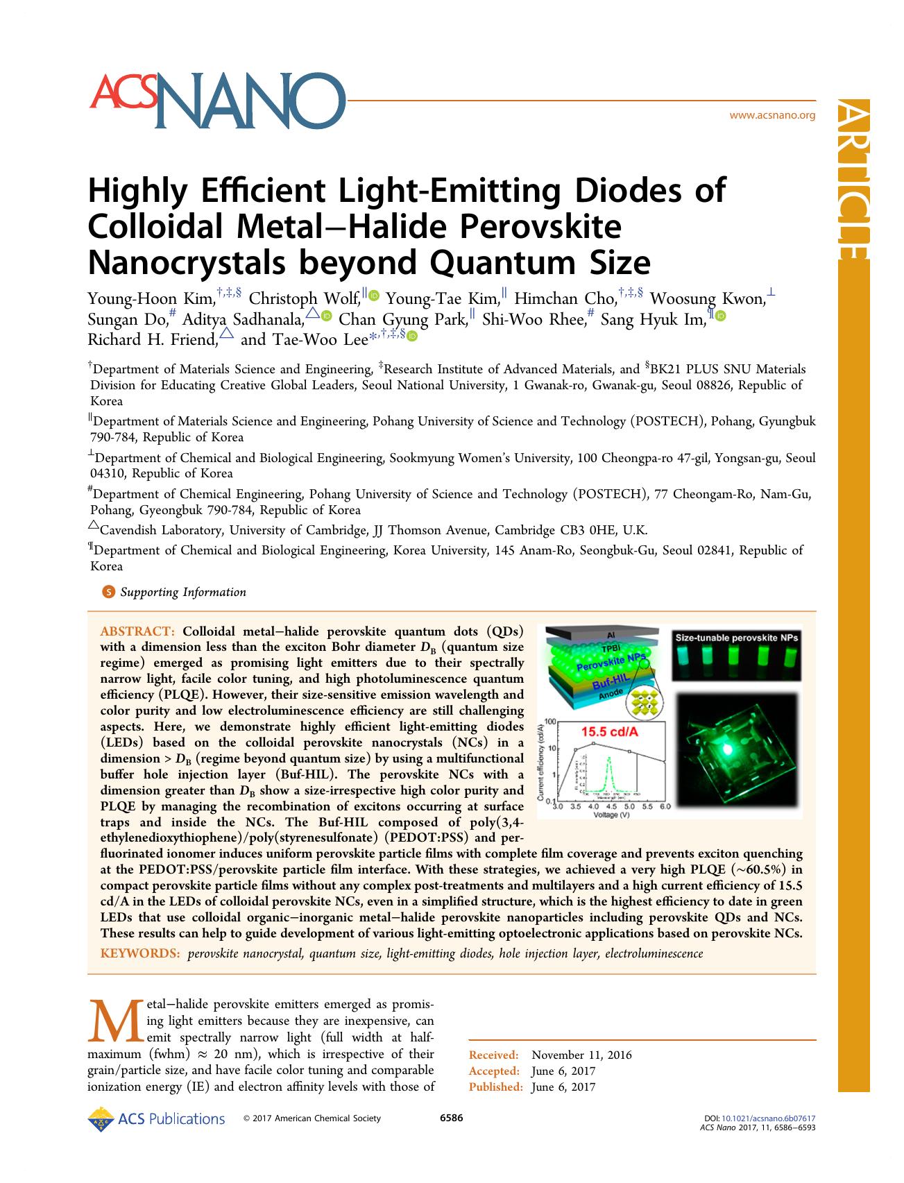 Highly Efficient Light-Emitting Diodes of Colloidal MetalâHalide Perovskite Nanocrystals beyond Quantum Size by unknow