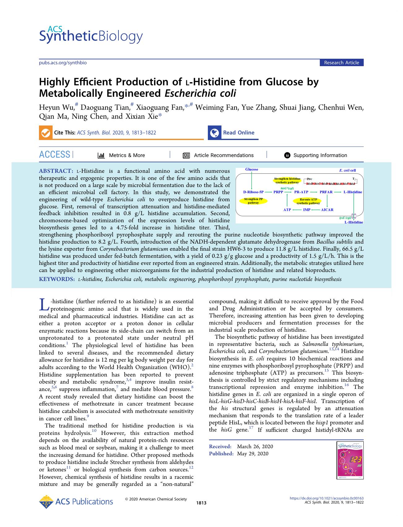 Highly Efficient Production of l-Histidine from Glucose by Metabolically Engineered Escherichia coli by unknow