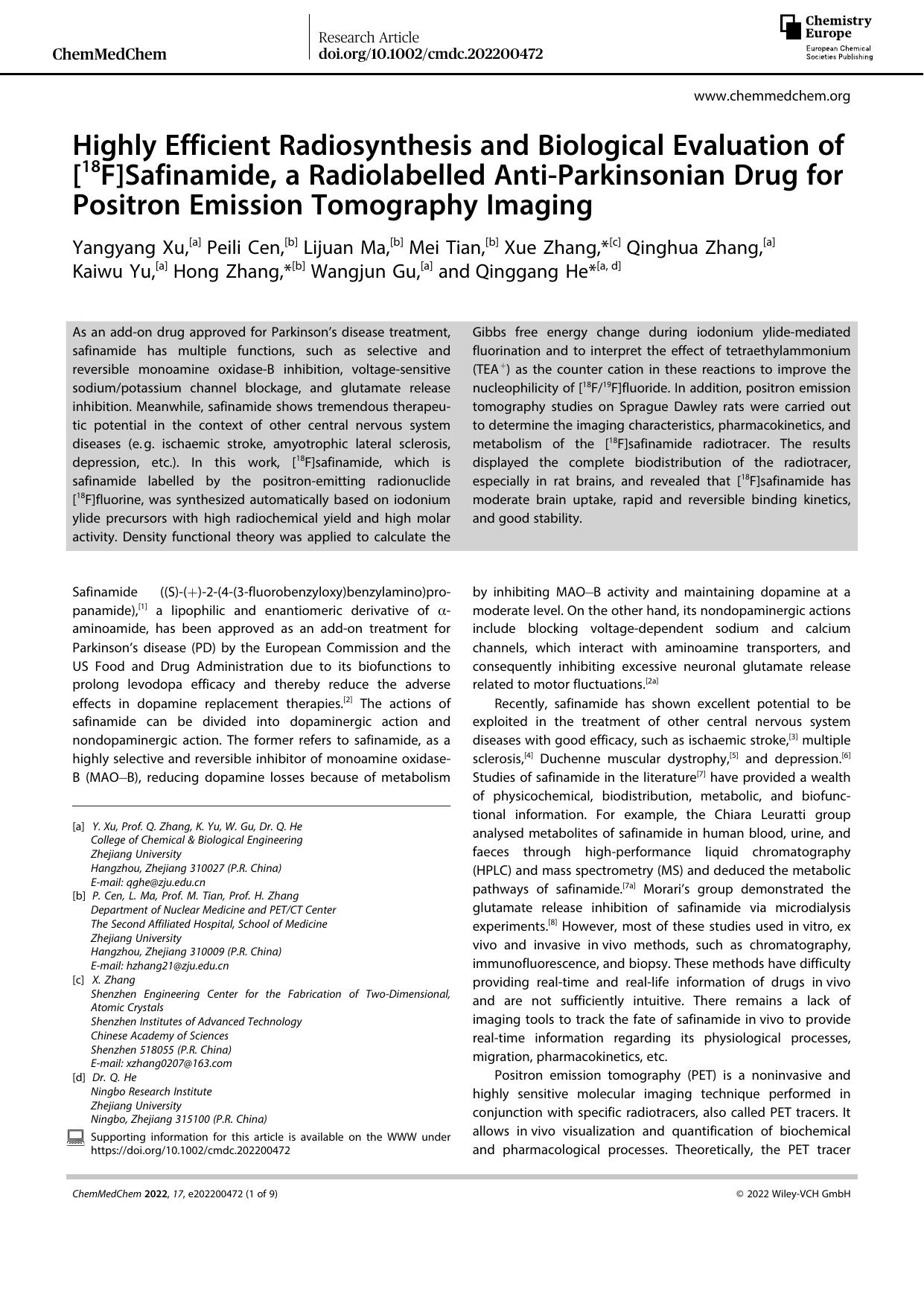 Highly Efficient Radiosynthesis and Biological Evaluation of [18F]Safinamide, a Radiolabelled AntiâParkinsonian Drug for Positron Emission Tomography Imaging by Unknown