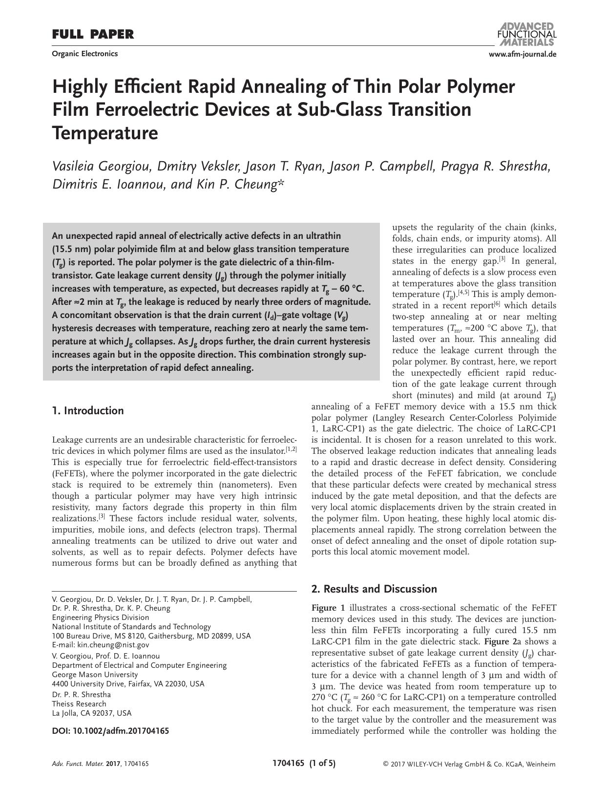 Highly Efficient Rapid Annealing of Thin Polar Polymer Film Ferroelectric Devices at Sub‐Glass Transition Temperature by Unknown
