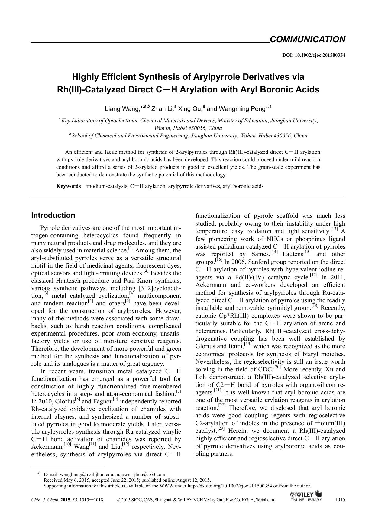 Highly Efficient Synthesis of Arylpyrrole Derivatives via Rh(III)Catalyzed Direct CH Arylation with Aryl Boronic Acids by kxk1