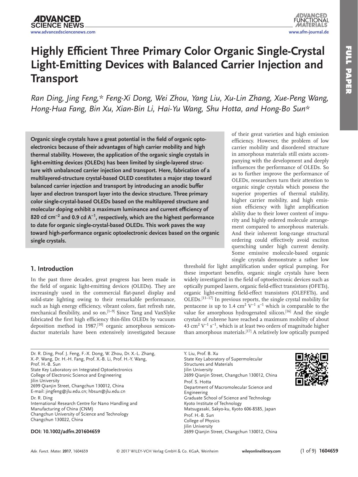 Highly Efficient Three Primary Color Organic Single‐Crystal Light‐Emitting Devices with Balanced Carrier Injection and Transport by Unknown
