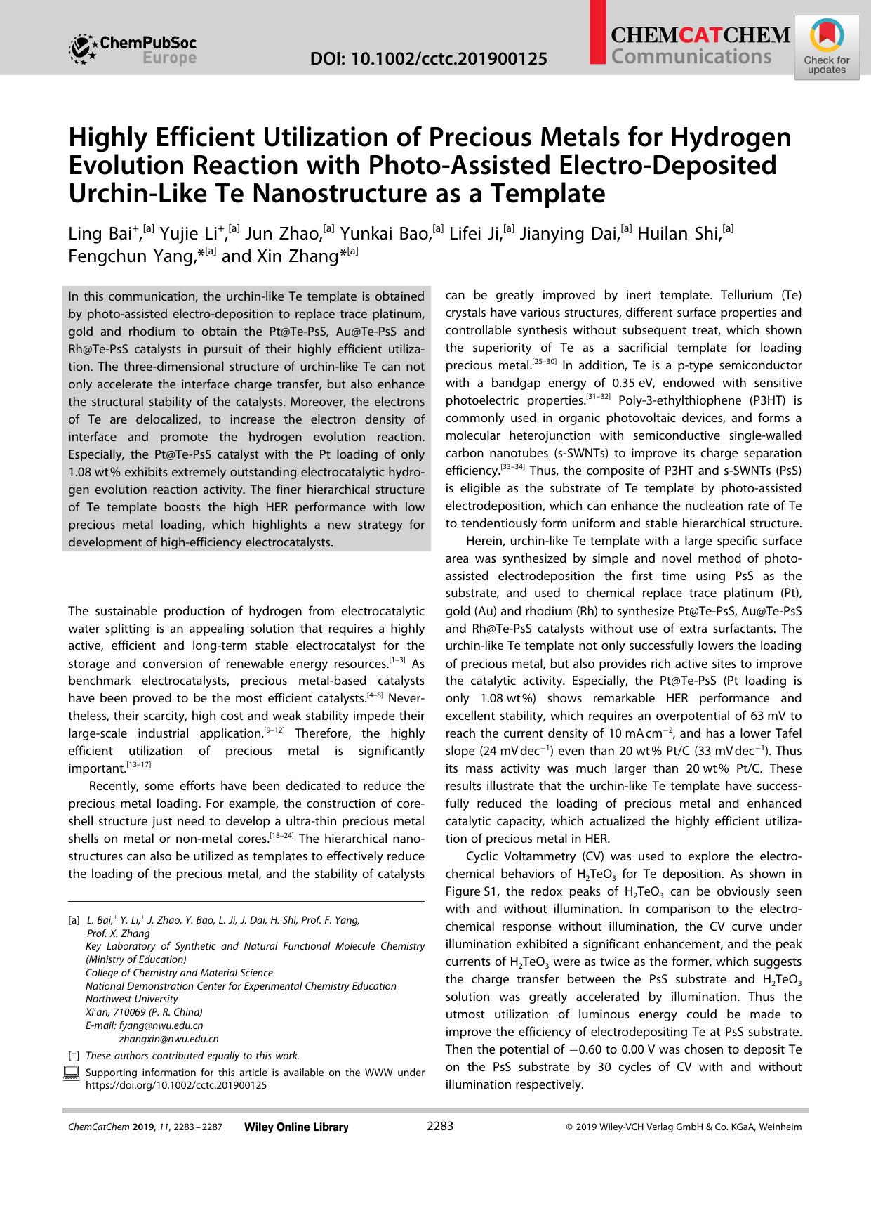 Highly Efficient Utilization of Precious Metals for Hydrogen Evolution Reaction with PhotoâAssisted ElectroâDeposited UrchinâLike Te Nanostructure as a Template by Unknown