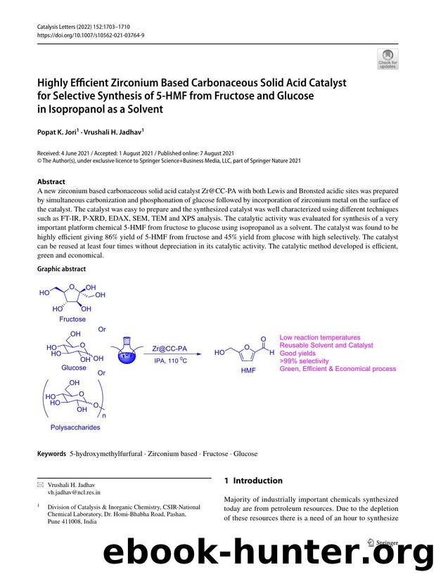 Highly Efficient Zirconium Based Carbonaceous Solid Acid Catalyst for Selective Synthesis of 5-HMF from Fructose and Glucose in Isopropanol as a Solvent by Popat K. Jori & Vrushali H. Jadhav