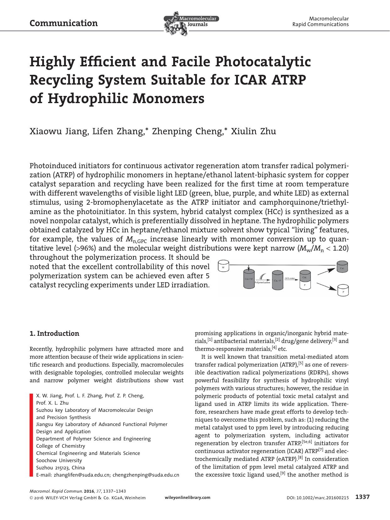 Highly Efficient and Facile Photocatalytic Recycling System Suitable for ICAR ATRP of Hydrophilic Monomers by Unknown