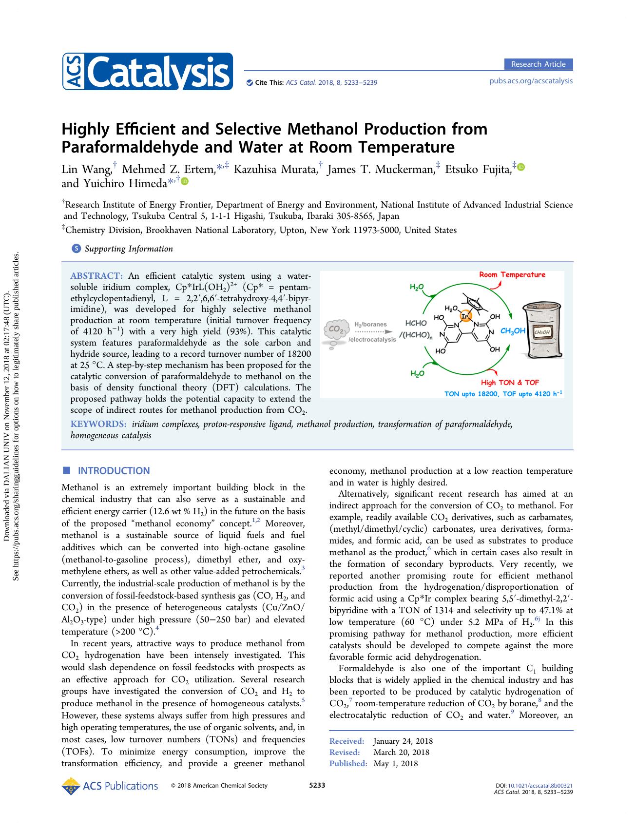 Highly Efficient and Selective Methanol Production from Paraformaldehyde and Water at Room Temperature by Lin Wang & Mehmed Z. Ertem & Kazuhisa Murata & James T. Muckerman & Etsuko Fujita & Yuichiro Himeda