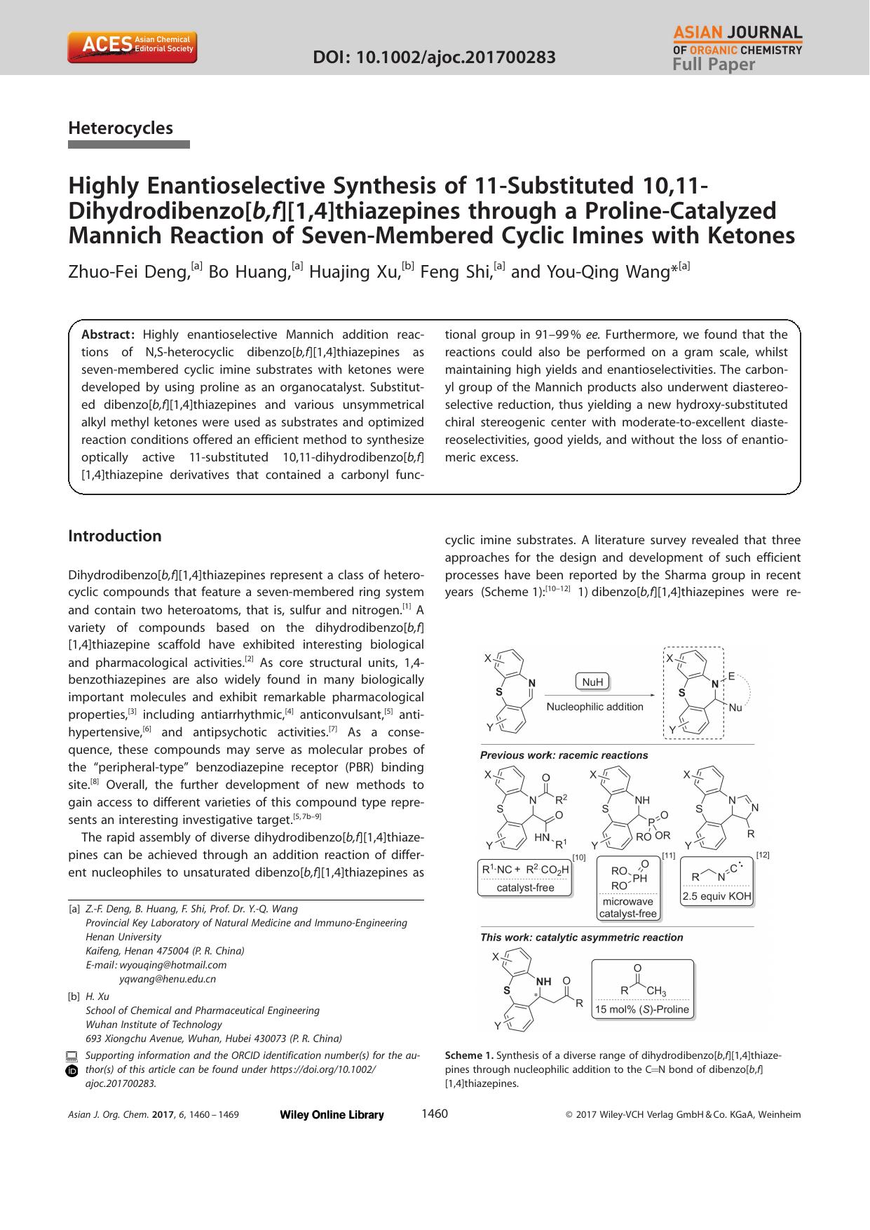 Highly Enantioselective Synthesis of 11âSubstituted 10,11âDihydrodibenzo[b,f][1,4]thiazepines through a ProlineâCatalyzed Mannich Reaction of SevenâMembered Cyclic Imines with Ketones by Unknown