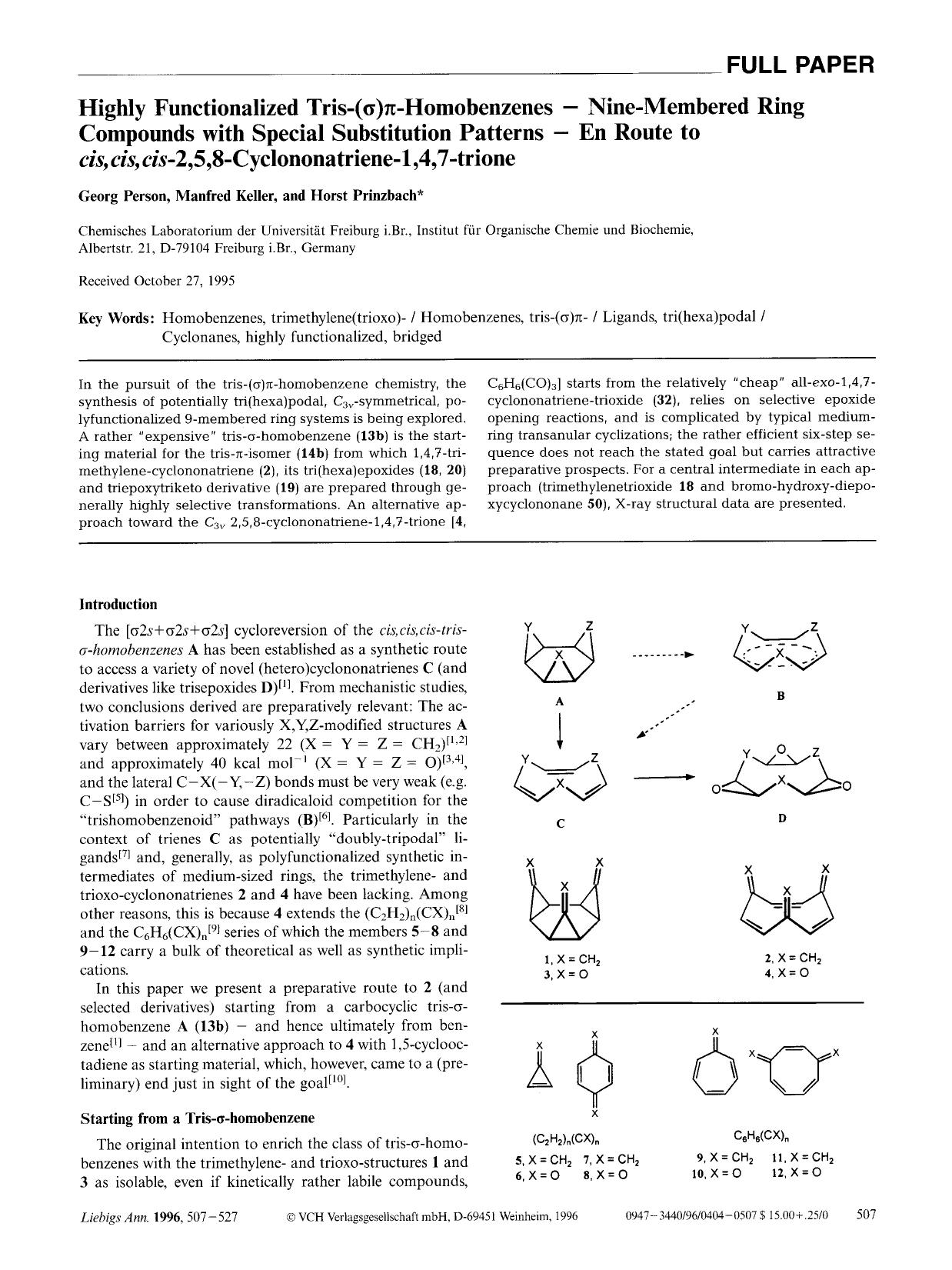 Highly Functionalized Tris-([sigma])[pi]-Homobenzenes - Nine-Membered Ring Compounds with Special Substitution Patterns - En Route to cis,cis,cis-2,5,8-Cyclononatriene-1,4,7-trione by Unknown