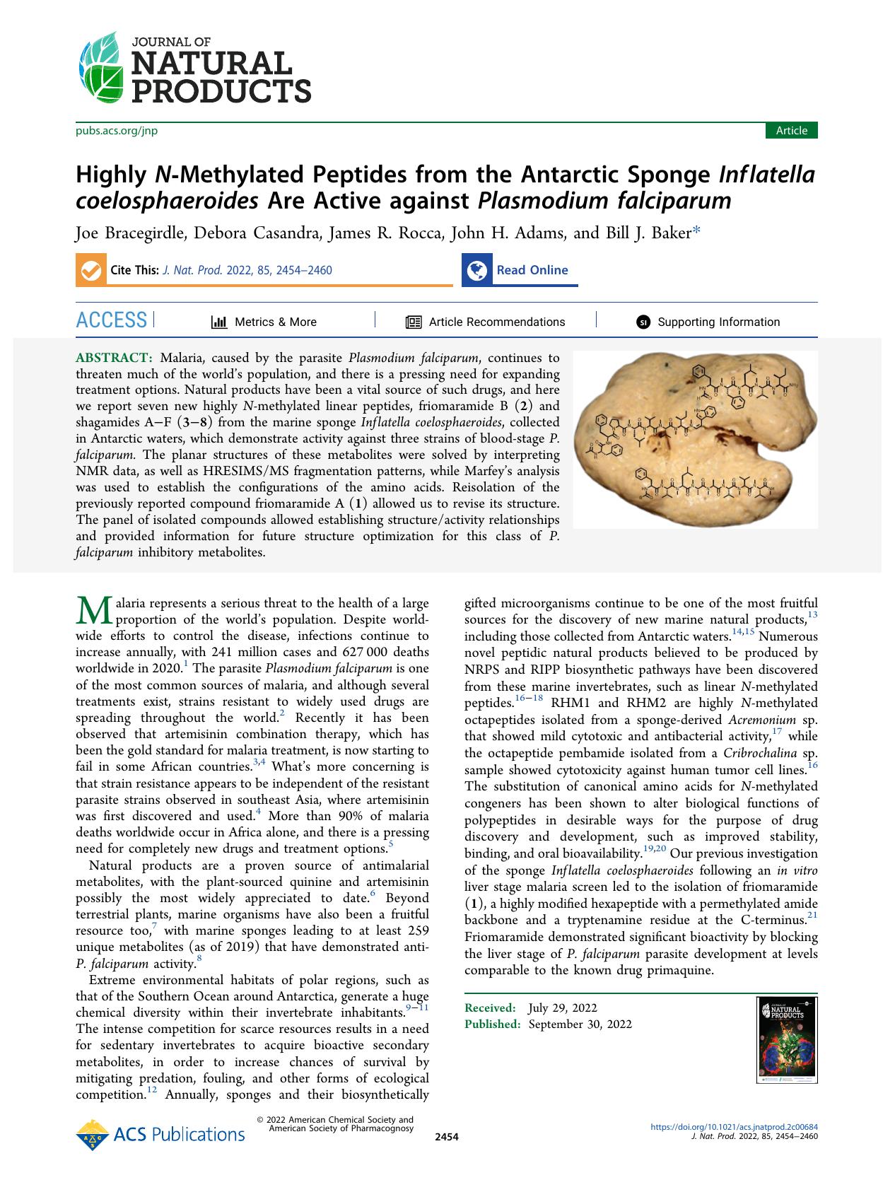 Highly N-Methylated Peptides from the Antarctic Sponge Inflatella coelosphaeroides Are Active against Plasmodium falciparum by Joe Bracegirdle Debora Casandra James R. Rocca John H. Adams and Bill J. Baker
