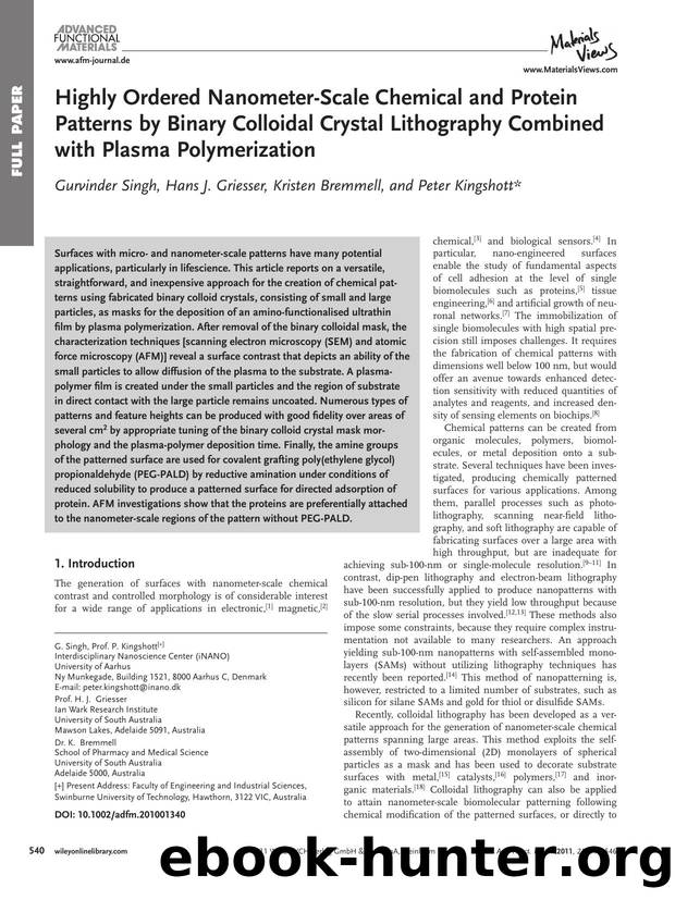 Highly Ordered NanometerScale Chemical and Protein Patterns by Binary Colloidal Crystal Lithography Combined with Plasma Polymerization by wcu