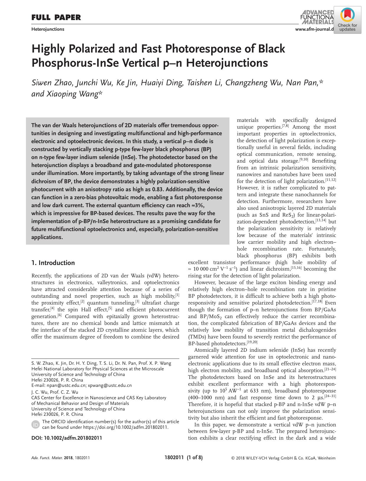 Highly Polarized and Fast Photoresponse of Black PhosphorusâInSe Vertical pân Heterojunctions by Unknown