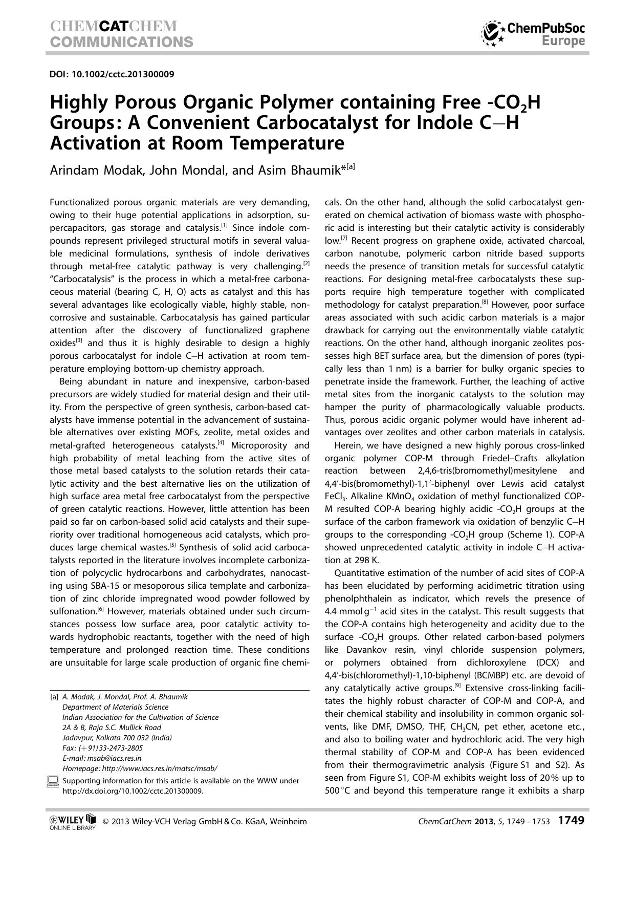 Highly Porous Organic Polymer containing Free CO2H Groups: A Convenient Carbocatalyst for Indole CH Activation at Room Temperature by Unknown