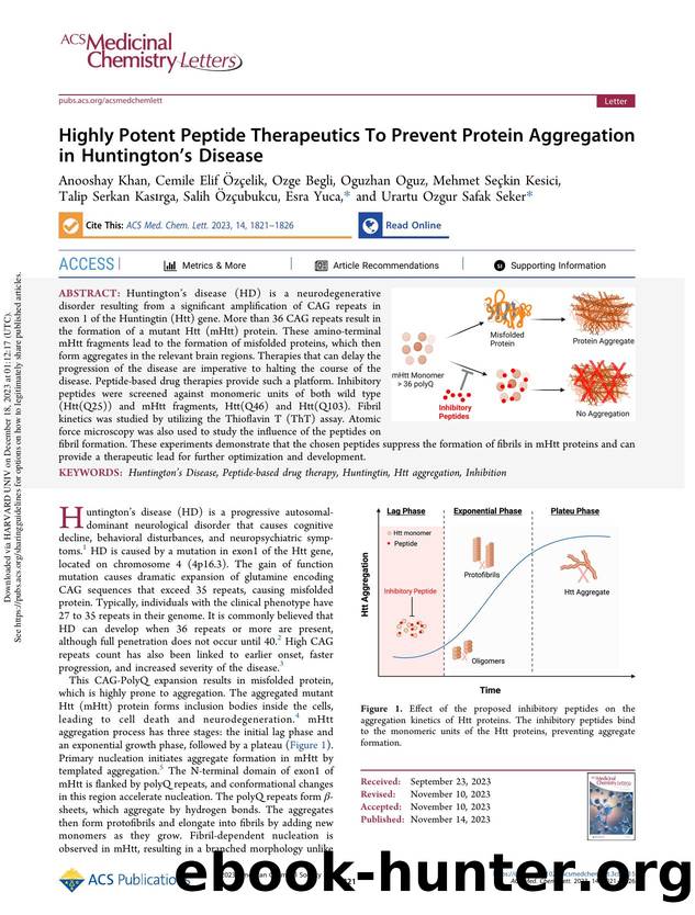 Highly Potent Peptide Therapeutics To Prevent Protein Aggregation in Huntingtonâs Disease by unknow